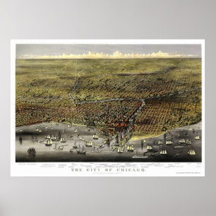 Affiche Carte panoramique de Chicago, IL - 1874