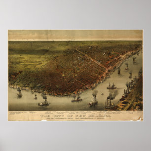 Affiche Carte panoramique de la Nouvelle-Orléans Louisian