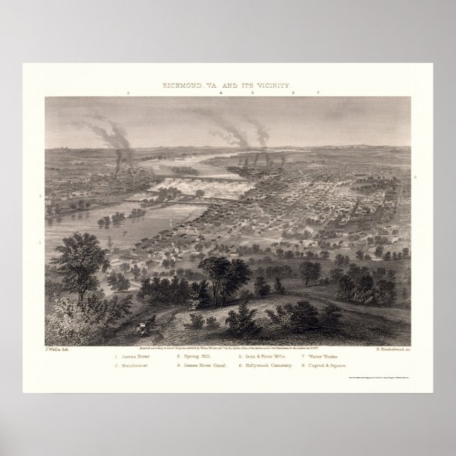 Affiche Carte panoramique de Richmond (VA) - 1863 (Devant)