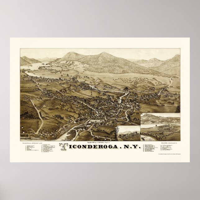 Affiche Carte panoramique de Ticondéroga, NY - 1884 (Devant)