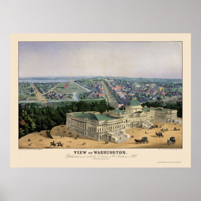 Affiche Carte panoramique de Washington, DC - 1852 (Devant)