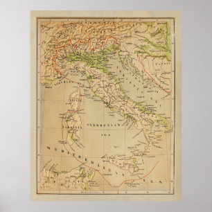 Affiche Carte physique de l'Italie ancienne (1881)