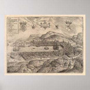 Affiche Carte picturale Vintage de Bergen Norway (1588)