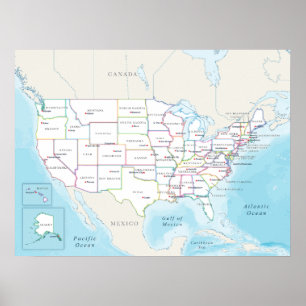 Affiche Carte politique des États-Unis avec capitales