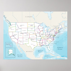 Affiche Carte politique des États-Unis avec les capitales.