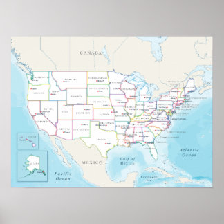 Affiche Carte politique des États-Unis avec les capitales.