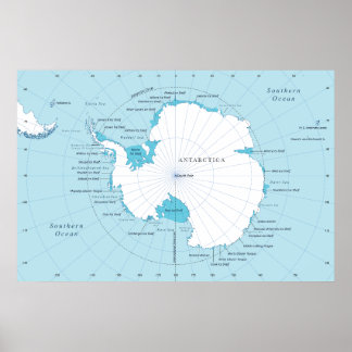 Affiche Carte politique du continent de l'Antarctique.