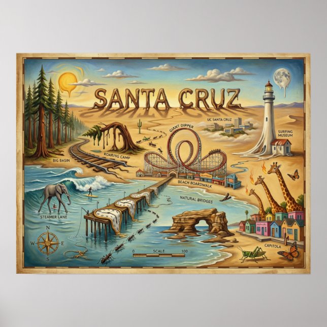 Affiche Carte pop art de Santa Cruz – Repère côtier audaci (Devant)