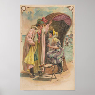 Affiche Carte postale 1909. Vacances Plage. Style maillot 
