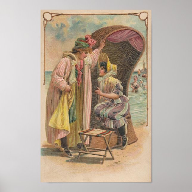 Affiche Carte postale 1909. Vacances Plage. Style maillot  (Devant)