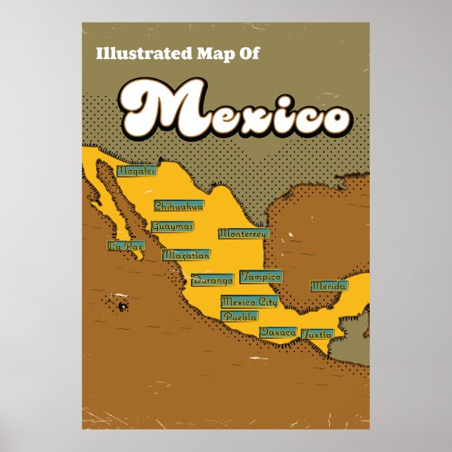 Affiche Carte rétro du Mexique (Devant)