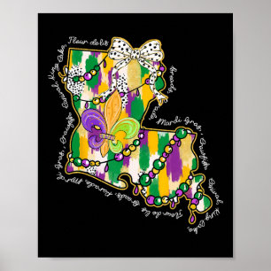 Affiche Carte Retro Louisiane Mardi Gras Coquette Bow Fat
