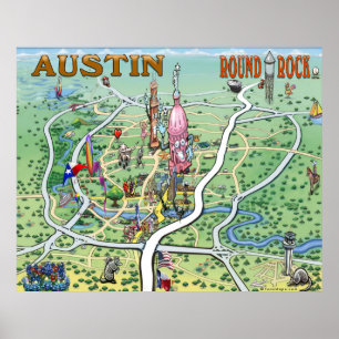 Affiche Carte ronde d'amusement du Texas de roche d'Austin