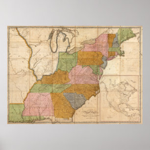 Affiche Carte routière de la poste américaine 2 juin 1804