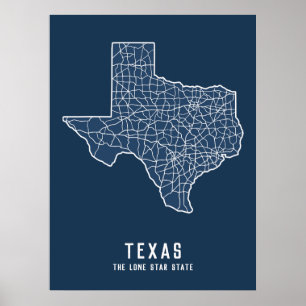 Affiche Carte routière de l'état du Texas US - Carte de l'