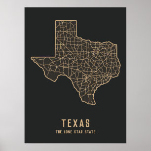 Affiche Carte routière de l'état du Texas US - Carte de l'