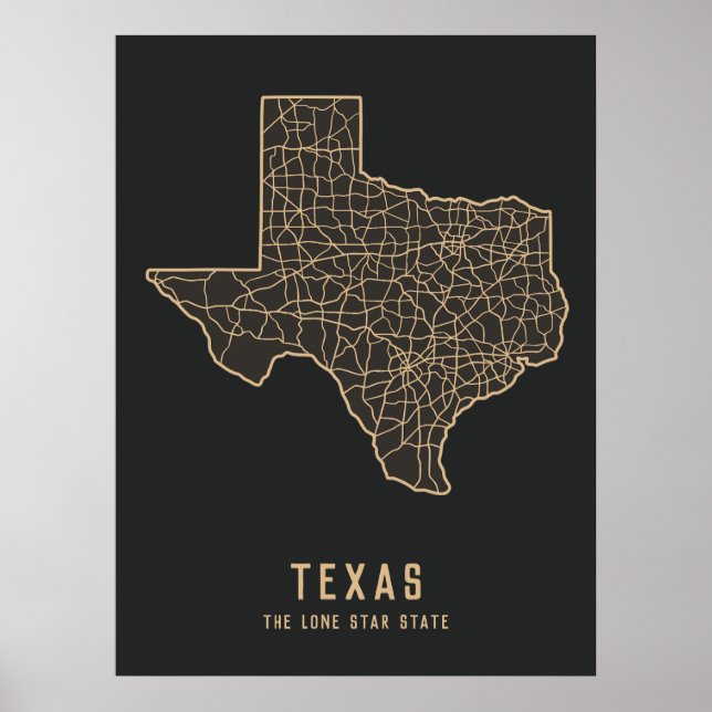 Affiche Carte routière de l'état du Texas US - Carte de l' (Devant)