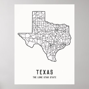 Affiche Carte routière de l'état du Texas US - Carte de l'
