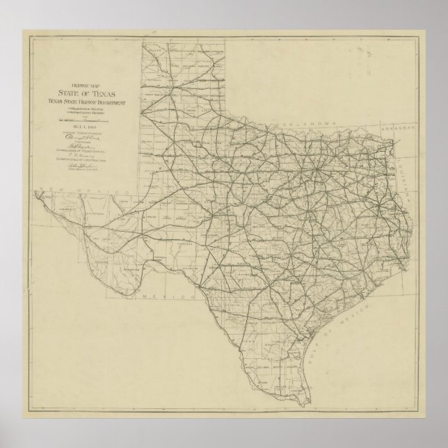 Affiche Carte routière vintage du Texas (1919) (Devant)