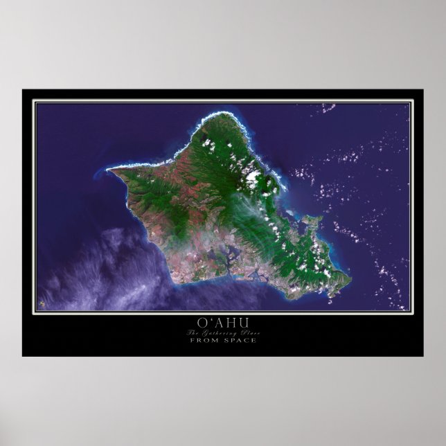 Affiche Carte satellite de l'île Oahu Hawaii (Devant)