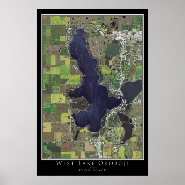 Affiche Carte satellite de l'ouest du lac Okoboji Iowa (Devant)