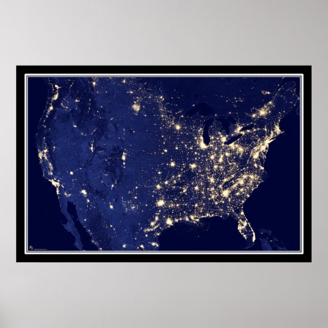 Affiche Carte satellite de nuit des États-Unis (Devant)