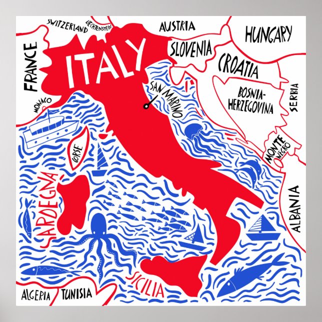 Affiche carte stylisée à la main de l'Italie. Illustrat Vo (Devant)