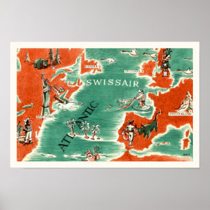 Affiche Carte Swissair vintage illustrée Imprimer