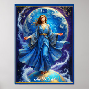 Affiche Carte Tarot, le monde, en bleu profond