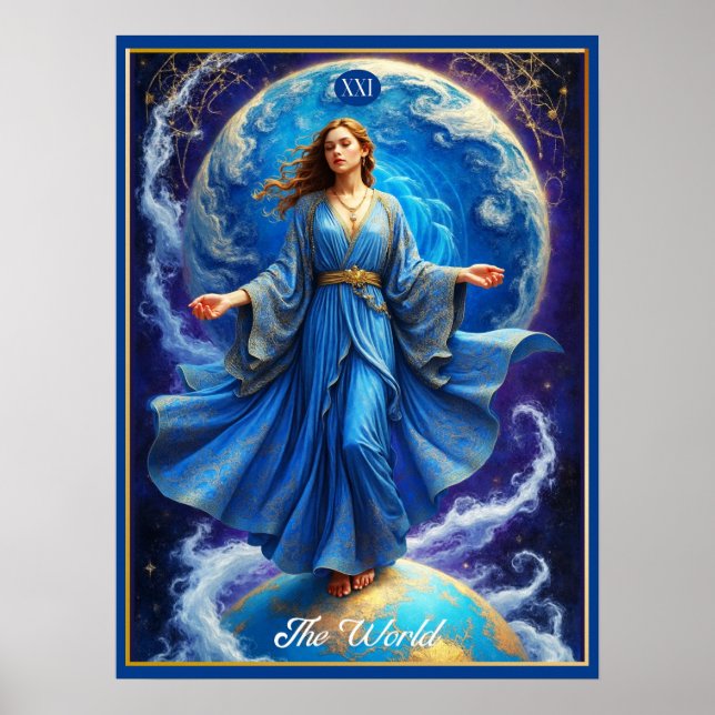 Affiche Carte Tarot, le monde, en bleu profond (Devant)