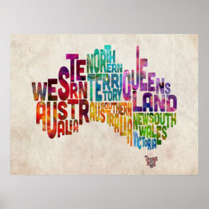 Affiche Carte texte typographique Australie