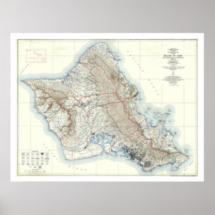 Affiche Carte topographique 1938 d'Oahu Hawaï