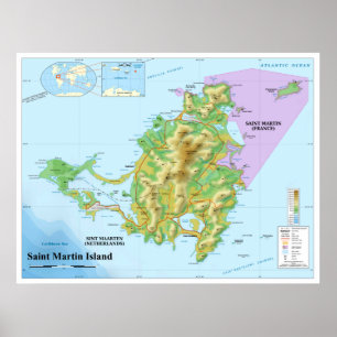 Affiche Carte topographique de l'île des Caraïbes Saint-Ma