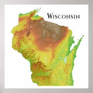Affiche Carte topographique du relief ombragé du Wisconsin