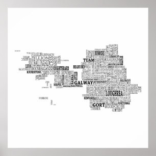 Affiche Carte typographique noire de Co. Galway, Irlande
