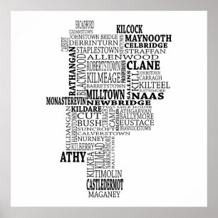 Affiche Carte typographique noire de Co. Kildare, Irlande