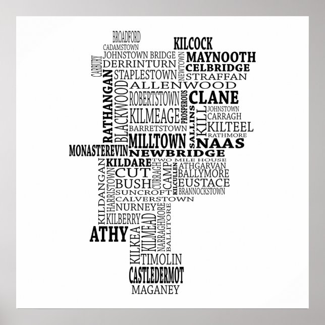 Affiche Carte typographique noire de Co. Kildare, Irlande (Devant)