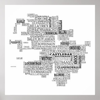 Affiche Carte typographique noire de Co. Mayo, Irlande