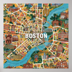 Affiche Carte vintage Boston Massachusetts, Boston Ma Us