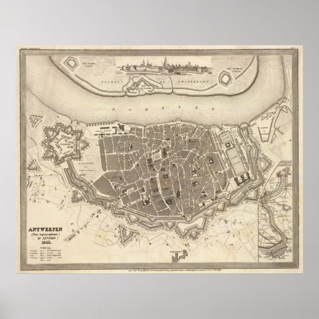 Affiche Carte vintage d'Anvers Belgique (1845) (Devant)