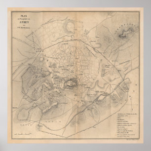 Affiche Carte vintage d'Athènes Grèce (1841)