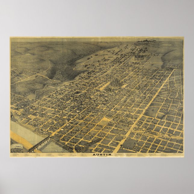 Affiche Carte vintage de Austin Texas (1887) (Devant)