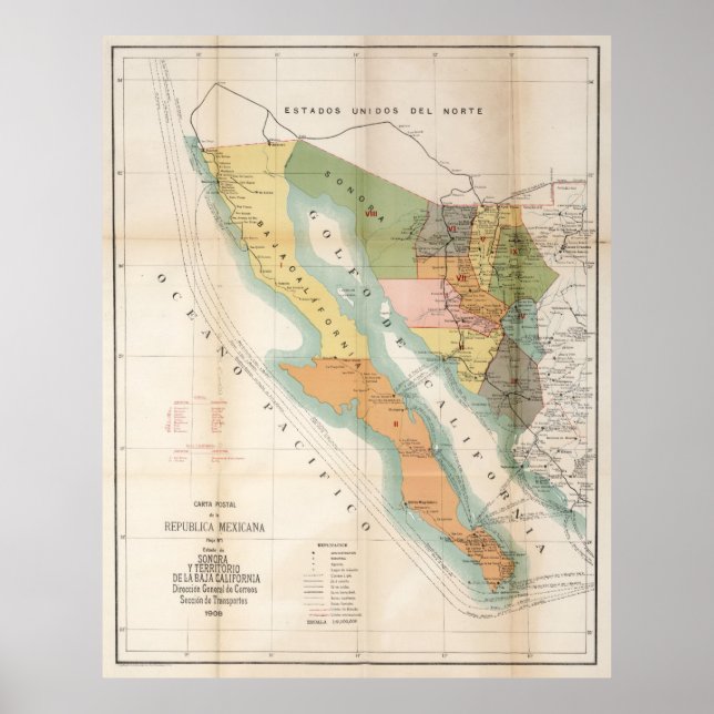 Affiche Carte vintage de Basse-Californie (1908) (Devant)