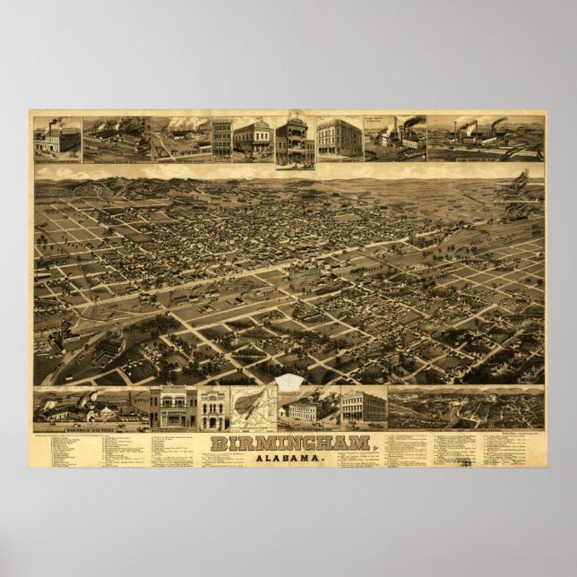 Affiche Carte vintage de Birmingham, Alabama (1885) (Devant)