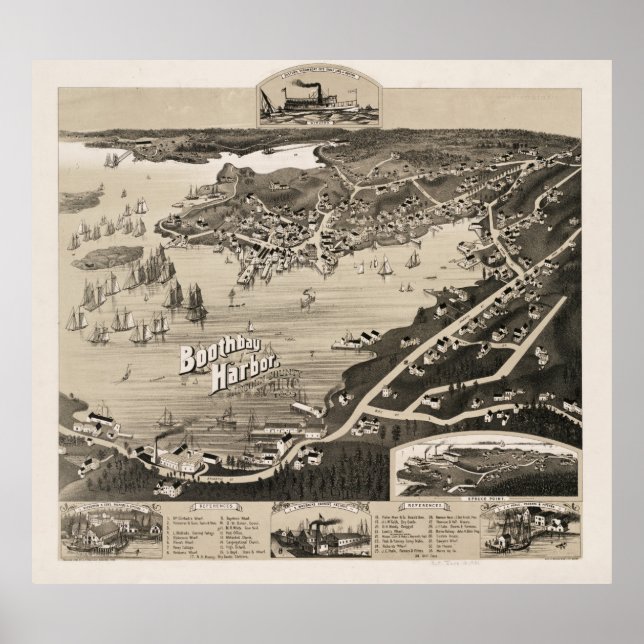 Affiche Carte vintage de Boothbay Harbour ME (1885) (Devant)