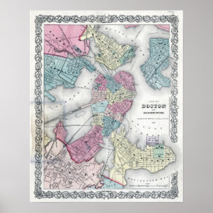 Affiche Carte vintage de Boston (1856)