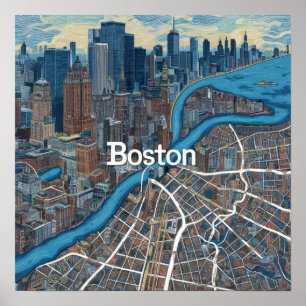Affiche Carte vintage de Boston Massachusetts, carte de Bo