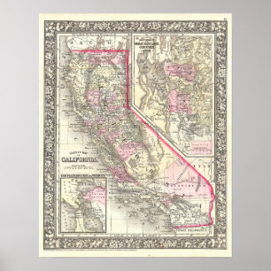 Affiche Carte vintage de Californie, 1866