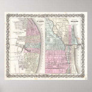 Affiche Carte vintage de Chicago et St. Louis (1855)