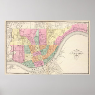 Affiche Carte vintage de Cincinnati OH (1872)